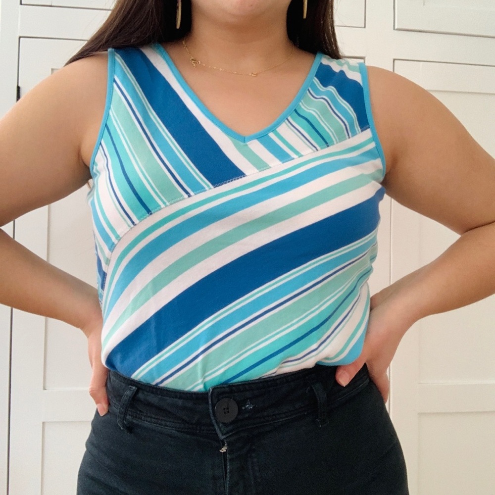 Joneswear Sport Cotton Blue/White Stripe V Neck Tank Top Size Medium